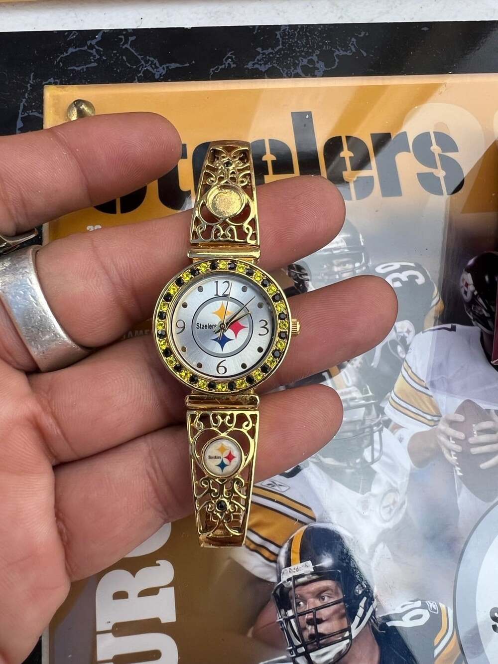 Pittsburgh Steelers Women's Gold-Tone Rhinestone Bezel Watch